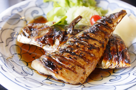 Grilled saba fish in teriyaki sauce