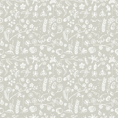 Seamless vector pattern, hand drawn background with branch and leaves. Hand sketch drawing. Doodle style. Series of Hand Drawn Patterns.