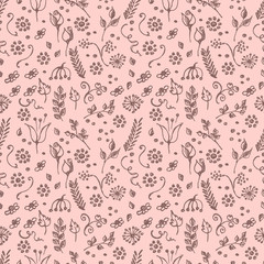 Seamless vector pattern, hand drawn background with branch and leaves. Hand sketch drawing. Doodle style. Series of Hand Drawn Patterns.