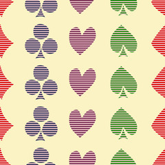 Seamless vector pattern with icons of playings cards. black and white background with hand drawn symbols. Decorative repeat ornament. Series of Gaming and Gambling Seamless vector Patterns.