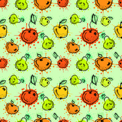 Seamless vector pattern. Hand drawn fruits illustration with splash and drop, cute childish background. Line drawing,