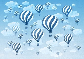 Hot air balloons flying throught a cloudy blue sky