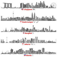 Obraz premium Singapore, Kuala Lumpur, Bangkok, Jakarta and Manila skylines at night (with flags and maps of their countries) in black and white color palette vector illustrations