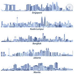Obraz premium Singapore, Kuala Lumpur, Bangkok, Jakarta and Manila skylines in light blue tones isolated on white background vector illustrations