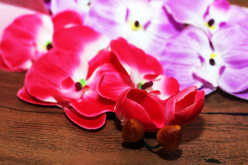 Beautiful orchid and lipstick on wooden background