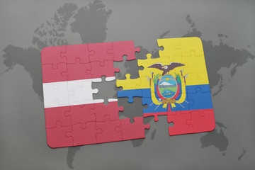 puzzle with the national flag of latvia and ecuador on a world map