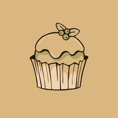 Cake with frosting and blueberries. Vector illustration on kraft paper background. Suitable for making stamps, prints.