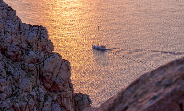 Yacht in the Mediterranean Sea at sunset, Mallorca, Spain