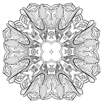 Vector illustration of Celtic raven ornament mandala black and white