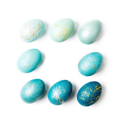 Easter eggs set. Frame of 8 blue   easter eggs  with copy space for text. isolated.  Ester concept