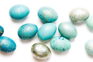 Group ombre blue Easter eggs isolated on white background. Dyed Easter eggs