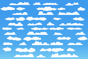 Cloud vector icon set white color on blue background. Sky flat illustration collection for web, art and app design. Different cloudscape weather symbols