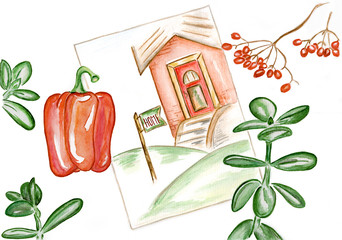 memories of home / watercolour sketch of the house, viburnum, household plants and pepper
