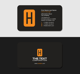 black business card with the yellow letter H, stationery