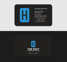 black business card with the blue letter H, stationery