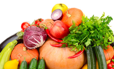 Large collection of useful vegetables and fruits isolated on white