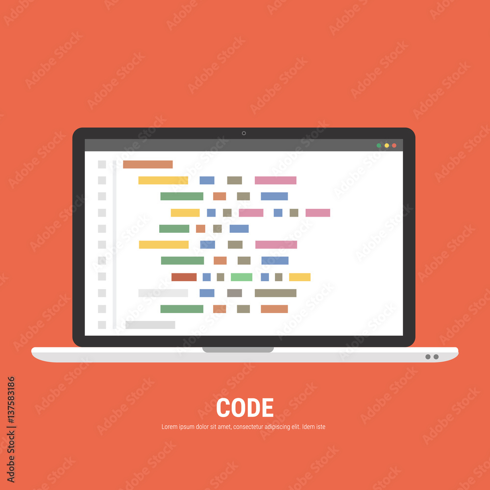 Poster programming, web development concept. code on the screen laptop. flat vector illustration.