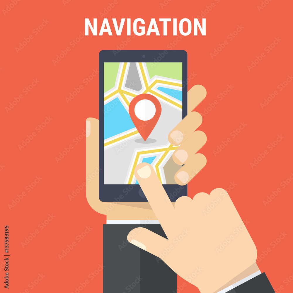 Poster hand holding smartphone and touching screen with mobile map gps navigation. finding the way concept.