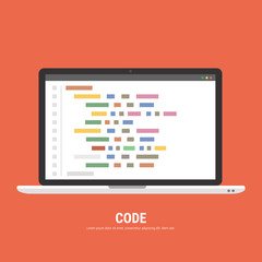 Programming, web development concept. Code on the screen laptop. Flat vector illustration.