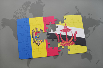 puzzle with the national flag of moldova and brunei on a world map