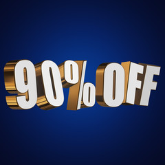90 percent off letters on blue background. 3d render isolated.