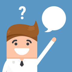 Thinking man with question mark. Cartoon vector illustration of businessman wondering and doubting. Eps 10.