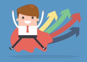 Super businessman with growing graph. Business concept cartoon illustration.
