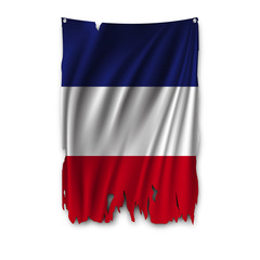 Torn by the wind national flag of France. Ragged. The wavy fabric on white background. Realistic vector illustration.