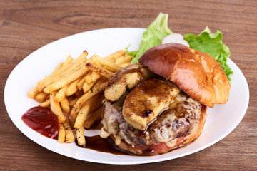Dish with burger and french fries