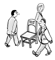 Business illustration of three businesspeople all competing to get 'the big chair'.