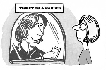 Business illustration of a businesswoman receiving a ticket to her career. 