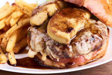 Dish with burger and french fries