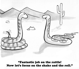 Obraz premium Cartoon of a rattle snake training the other rattle snake to 'rattle and roll'.