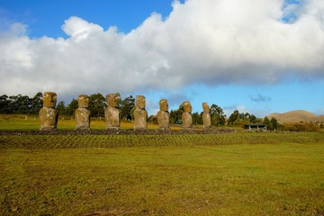 Long shot of the seven Moai at Ahu Akivi in Rapa Nui Easter Island in Chile, South America