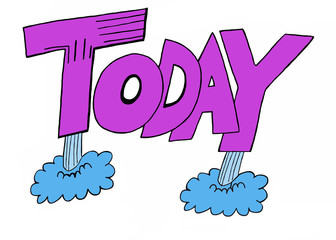 Color illustration of the word 'today' elevating into the air. 