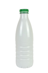 White plastic bottle for milk or milky drinks with green lid, isolated on white
