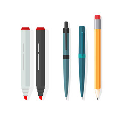 Pens, pencils, markers vector set isolated on white background, ballpoint pens, lead orange dot biro pen with red rubber eraser, flat style pencil, stationery set cartoon illustration design