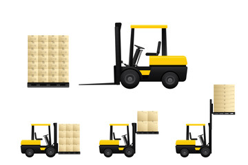 Vector of forklift truck loading pallets with cardboard boxes for warehousing and logistics isolated on white background.