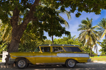 Amerikanischer gold gelber Oldtimer parkt in Varadero nahe des Strandes unter Palmen in Kuba - Serie Kuba Reportage