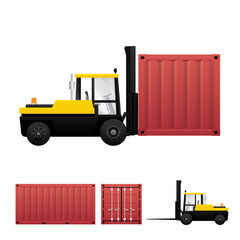 Vector of forklift truck loading cargo containers for warehousing and logistics isolated on white background.