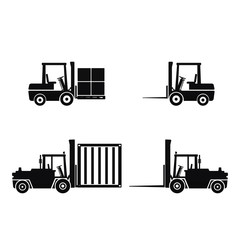 Vector of forklift truck icons set loading pallets with cardboard boxes and cargo containers for warehousing and logistics isolated on white background.