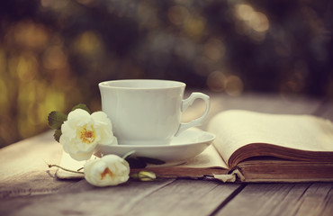 White cup with a flowers of wild rose on an open old book