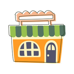 Small Orange Grocery Shop, Cute Fairy Tale City Landscape Element Outlined Cartoon Illustration