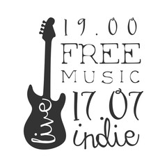 Indie Free Live Music Concert Black And White Poster With Calligraphic Text And Guitar