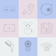 Set of thin line sleep and insomnia icon on colorful background
