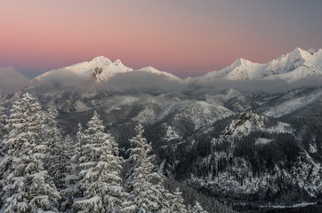 Fototapeta na wymiar Winter Tatra mountains, Hawran peak in High Tatra mountain range