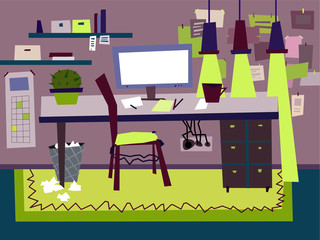 Cartoon Flat interior work room vector illustration