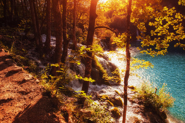 Scenic view around the turquoise water. Plitvice Lakes National 