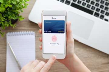 female hand holding phone debit card and app touch pay