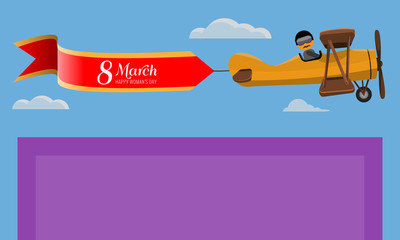 8 March. Creative Greeting card. Happy Women's Day. Vintage plane flying on top of card. Vector illustration